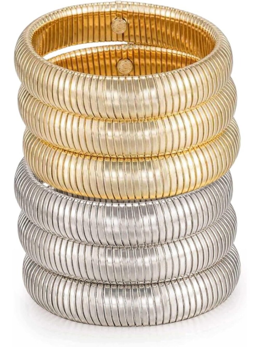 Chunky Women's Bangles Set - 3 Pcs Flex Snake Chain Stretch Bracelets, Rhodium